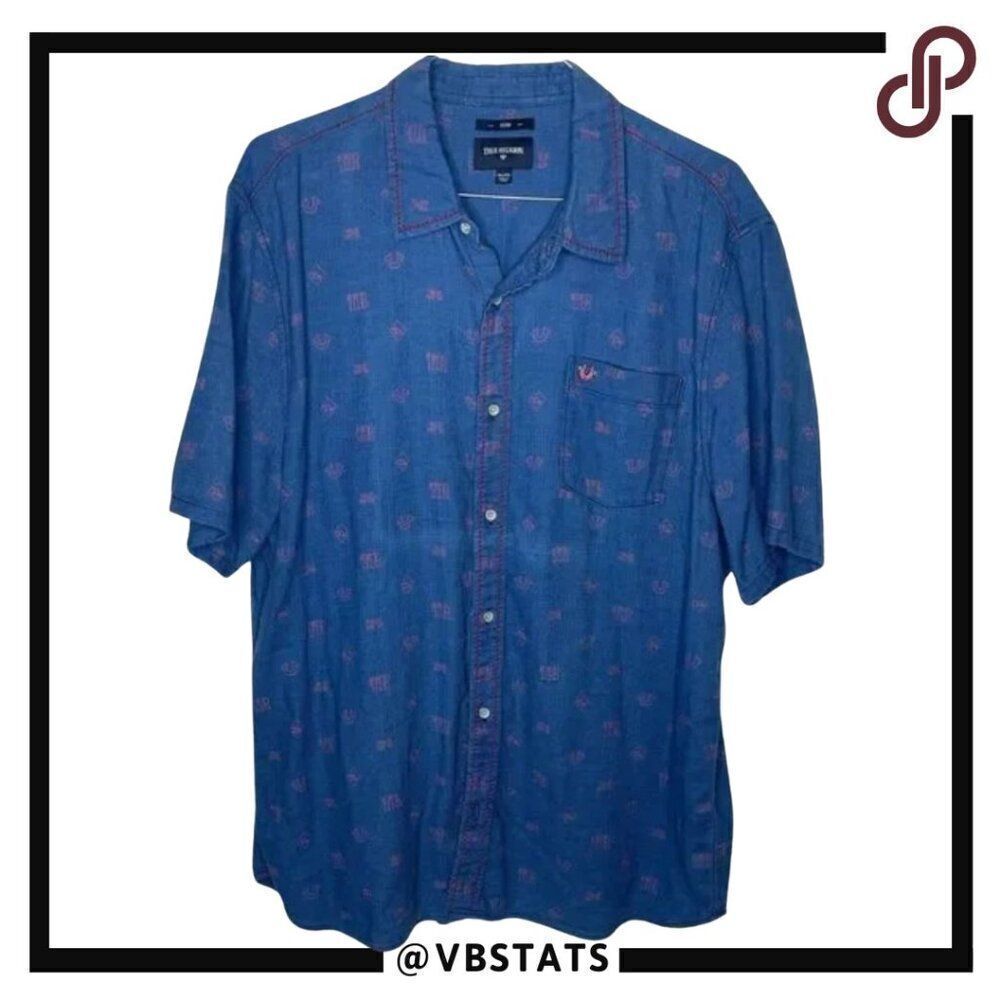 True Religion Indigo SHORT SLEEVE BUTTON UP‎ WOVEN MENS SHIRT in Size 3XL Slim